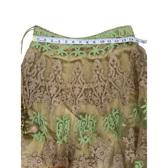Vintage Embroidered Maxi Skirt Tassel-Detail Green & Gold Lace Indian Party XS/S - Picture 6 of 6